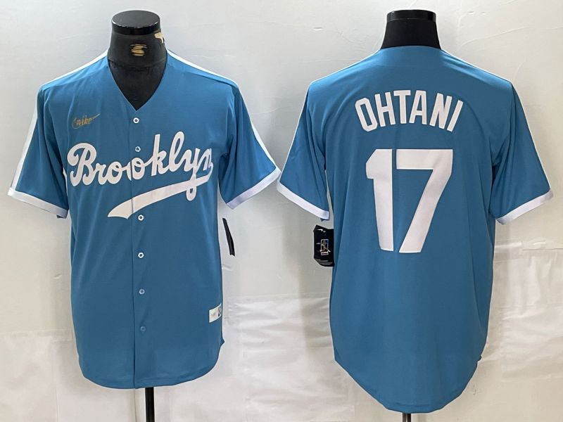 Men Los Angeles Dodgers 17 Ohtani Light blue Throwback 2024 Nike MLB Jersey style 1